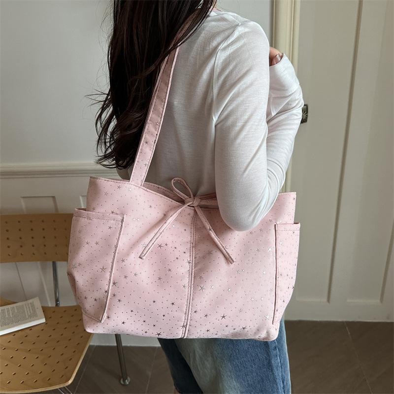 Light Blue Tote Bag With Glitter Star Pattern Bow Decor Multi Pockets For School Shopping Daily Outings Travel