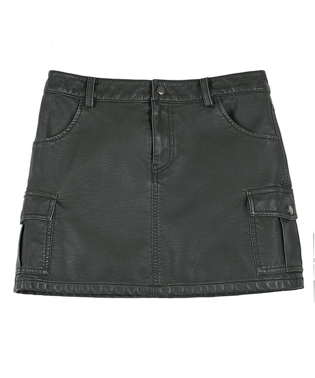 Leoninghai Vintage Washed Leather Mini Skirt [Charcoal]