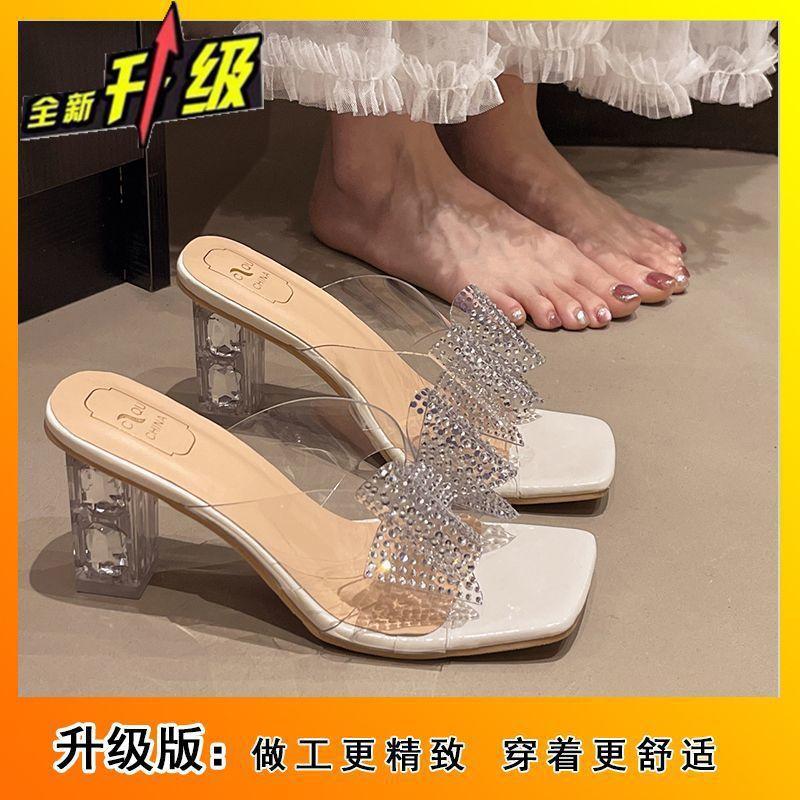 

Women s thick-heeled slippers outer wear women s 2025 new summer high-end bow rhinestone gentle cool slippers sandals 40