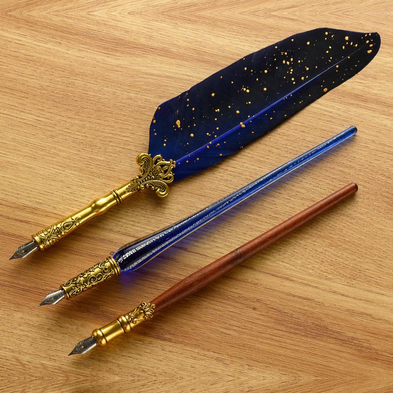 British Style Gold Splatter Feather Pen Set with Custom Logo - Ink Dipping Set, Birthday Gift