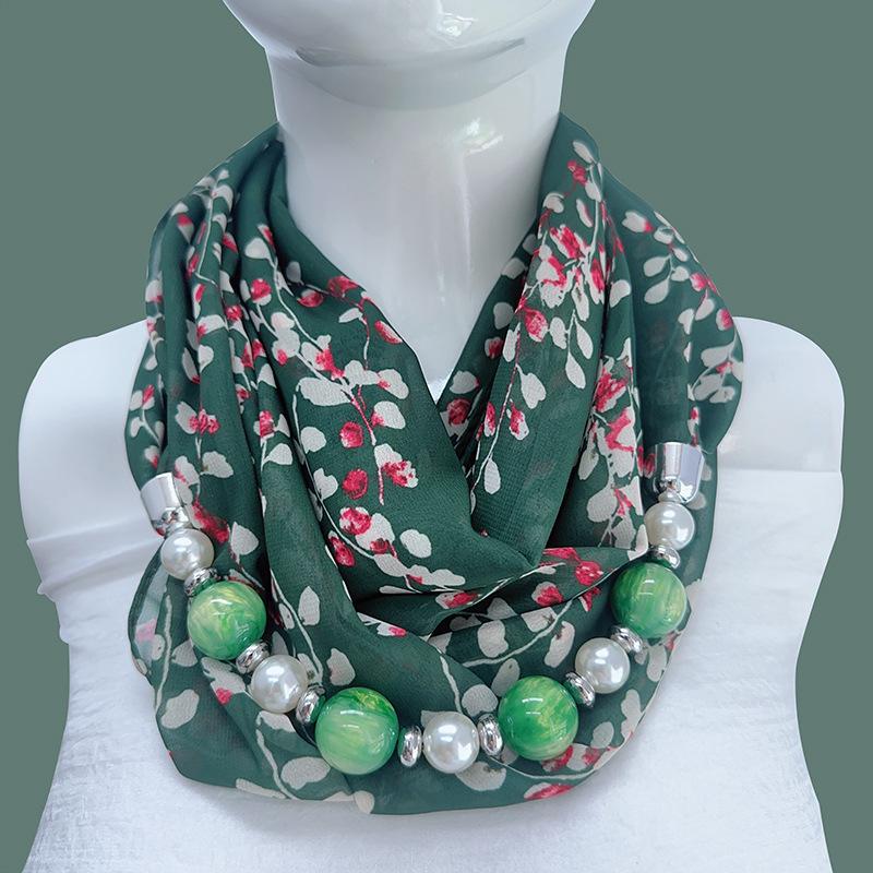 Chic Printed Scarf Necklace with Pearl and Bead Accents – Lightweight Chiffon Infinity Scarf for Women, Fashion Statement Accessory