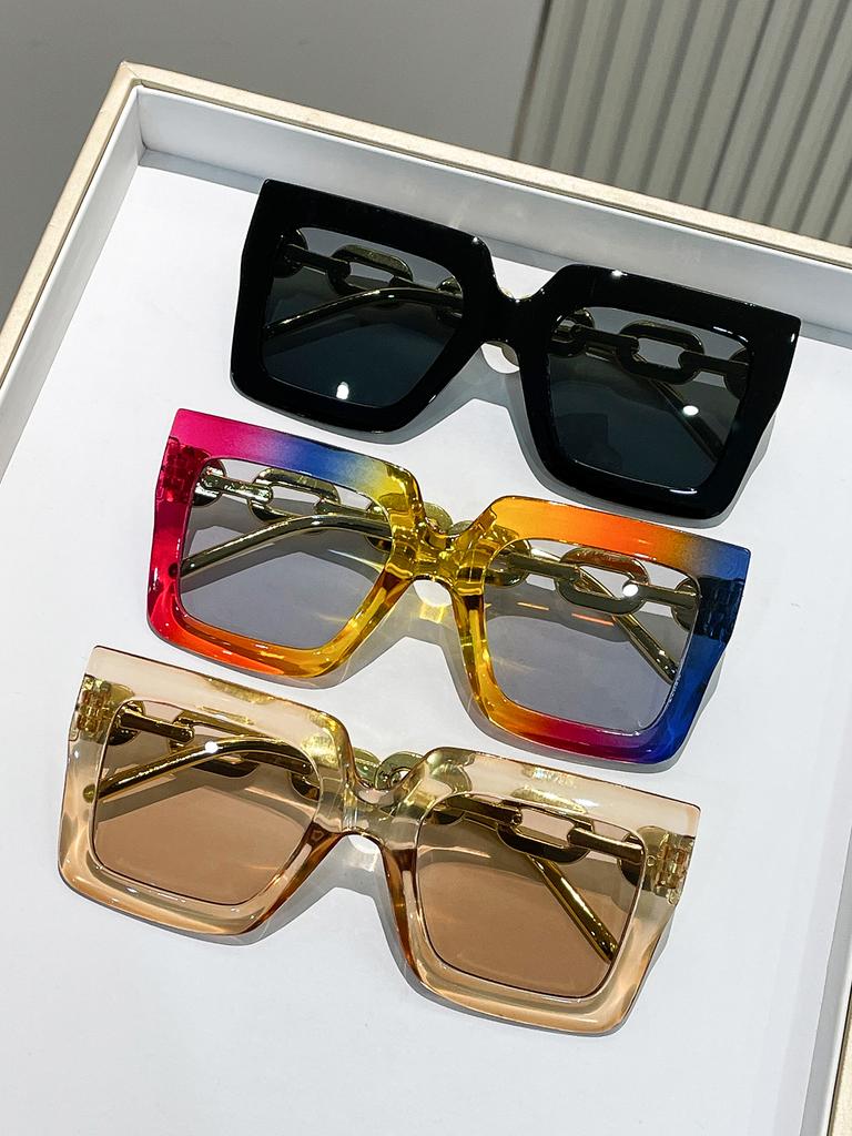 3PCS Large Square Frame Fashion Glasses with Chain Decorated Arm Tips Suitable for Daily Wear Photography And Driving
