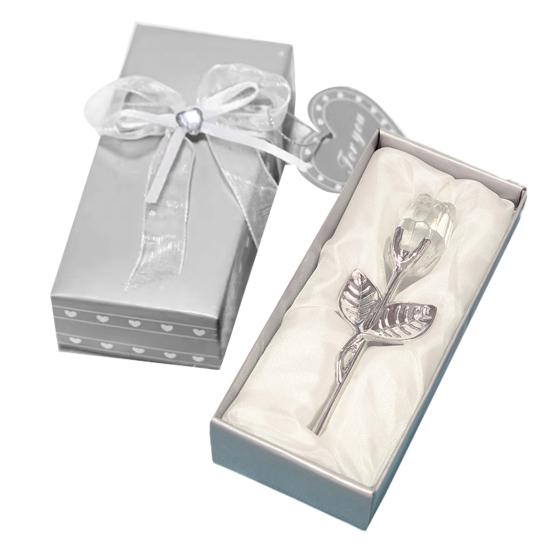 Faux Crystal Rose Flower Gift with Metal Stem Clear Flower Figurine with Gift Box