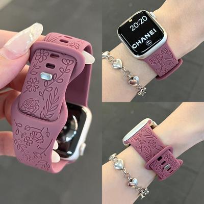 Correa de Silicona Para Apple Watch 10 Banda 46mm 44mm 41mm 40mm 45mm 49mm Pulsera Grabada Floral Correa Serie 8 9 7 SE 4 5 Ultra 2