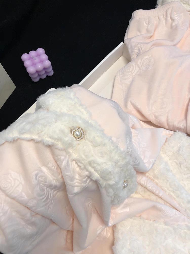 Women's Rose Fleece Pajama Set - Long Sleeve & Pants, Autumn/Winter Style