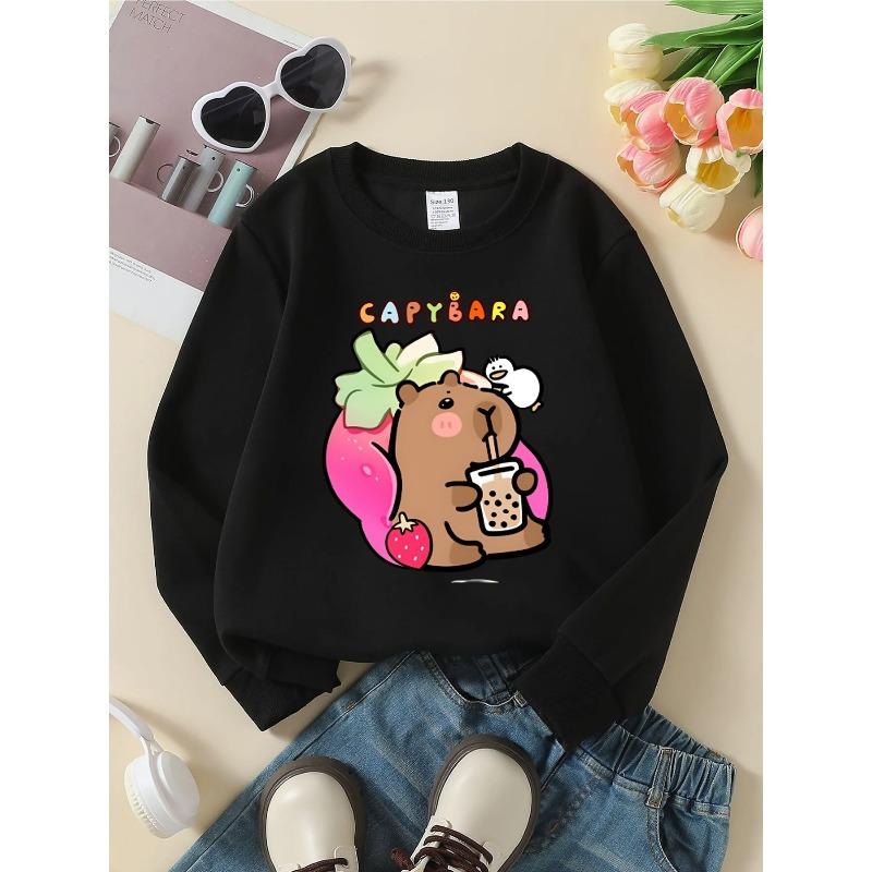 European sizes Kids' Crewneck Sweatshirt - Capybara Strawberry Milk Tea Duck , Sportswear And Casual Wear, Soft And Comfortable, Children's Clothing
