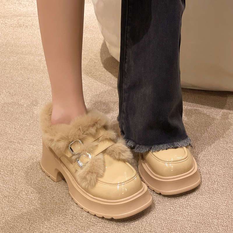 Mary Jane small leather shoes women's British style 2025 autumn and winter new platform Internet celebrity warm fluffy cotton shoes