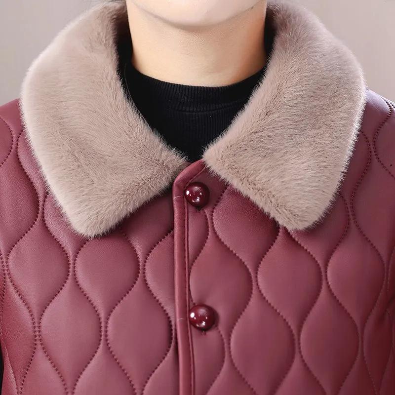 Women Winter Thick Plush Jacket Mom's Fur Collar Coat with Velvet Warm Quilted Coat