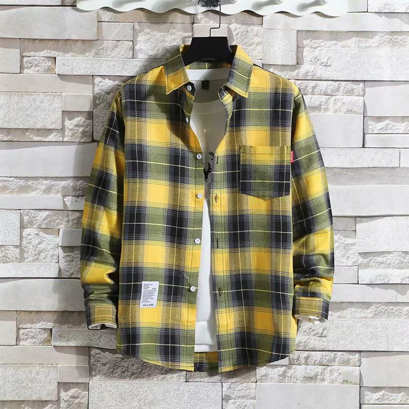 Men's White Plaid Shirt Long-sleeved Trend Shirts Versatile Men's Inch Shirt New Tops