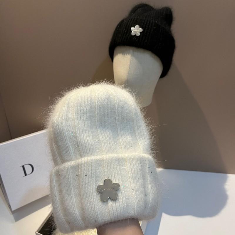 Sequin Flower Rabbit Hair Knit Beanie Warm Ear Flap Hat Women Fall Winter