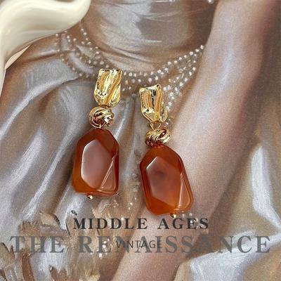 Amber Smudged Resin Brown Stud Earrings Retro Hong Kong Style Geometric Exaggerated Ear Jewelry