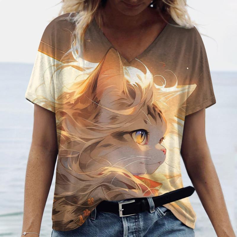 Dam V-ringad Kortärmad T-shirts Djurtryckta Sommarkläder Söta Tecknade Kattkvinna T-shirts 2024 Nya Streetwear Toppar
