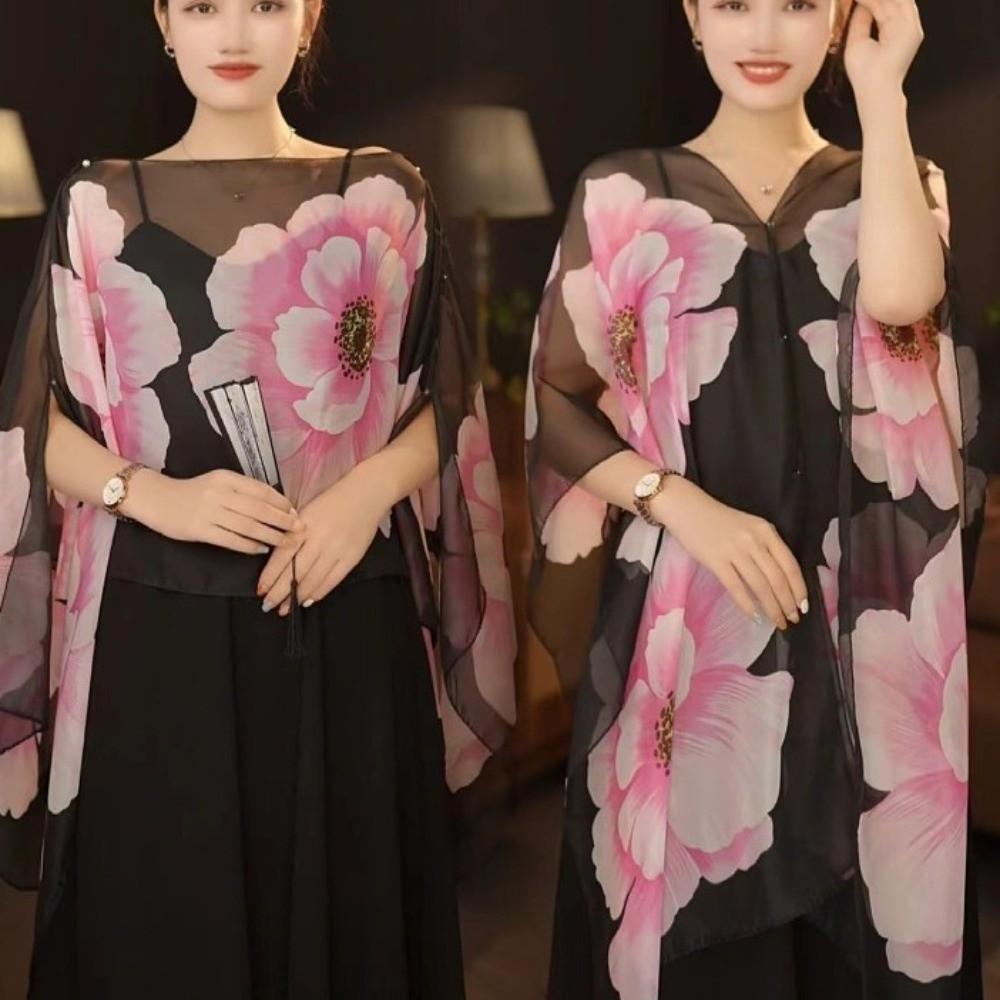 Long Length Sun Protection Shawl Flower Pattern Chiffon Scarf Breathable Shawl  Outdoor Activities