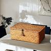 Hand-Woven Straw Storage Box with Lid Natural Rattan Organizer Basket for Home Office Decor Vintage Style Decorative Bin