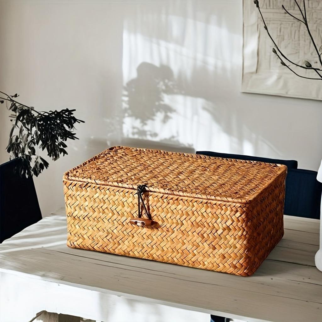 Hand-Woven Straw Storage Box with Lid Natural Rattan Organizer Basket for Home Office Decor Vintage Style Decorative Bin