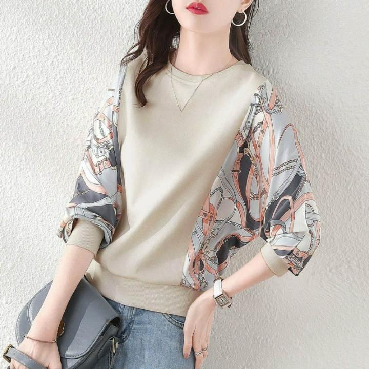 Sweater Women s Spring and Autumn Fashion Large Size Loose Top Jacket Round Neck Stitching Temperament Mother 3XL абрикосовый