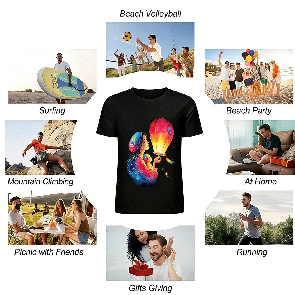 Mother And Child Sky Lantern Print Top Warm Holiday Vibe Shirt Pure Cotton T-shirt