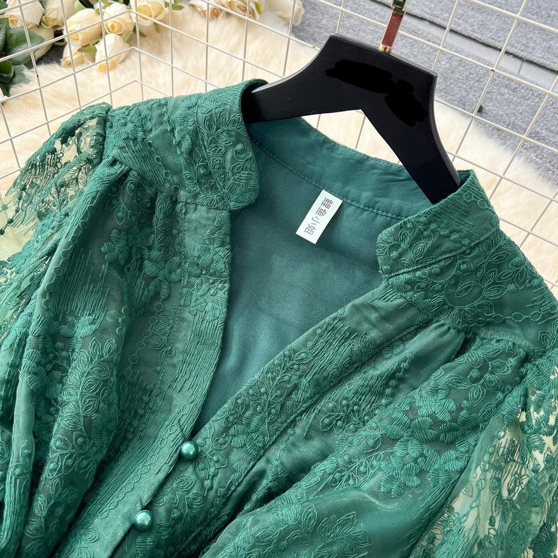 France Vintage Embroidery Formal Dresses Women Summer Autumn Lantern Long Sleeve Lace Pearl Prom Evening Birthday Party Dress
