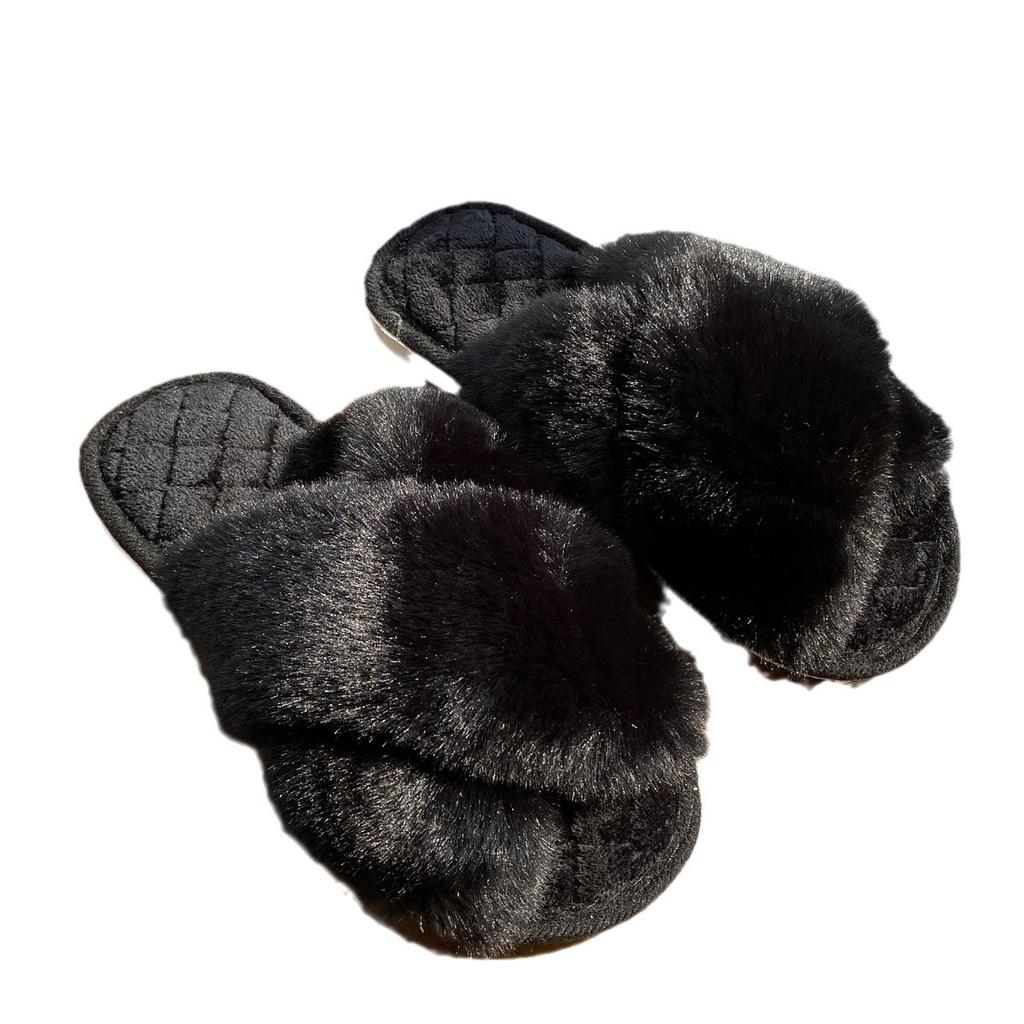 2024 Winter Damen Zuhause Indoor Freizeit Hausschuhe Damen Flip Flops Flauschige Schuhe Kreuzdesign Pantoletten Damen Weiche Warme Plüsch Hausschuhe