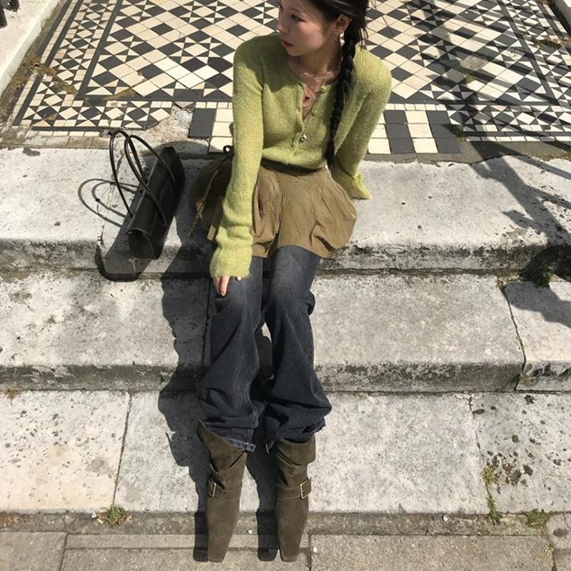 

Женские короткие ботинки с пряжкой, одинарные ботинки из мягкой кожи для двух способов носки, осенне-зимние ботинки из коровьей кожи с откидным верхом, квадратный носок, низкий каблук, с отворотами 40 темно-коричневого