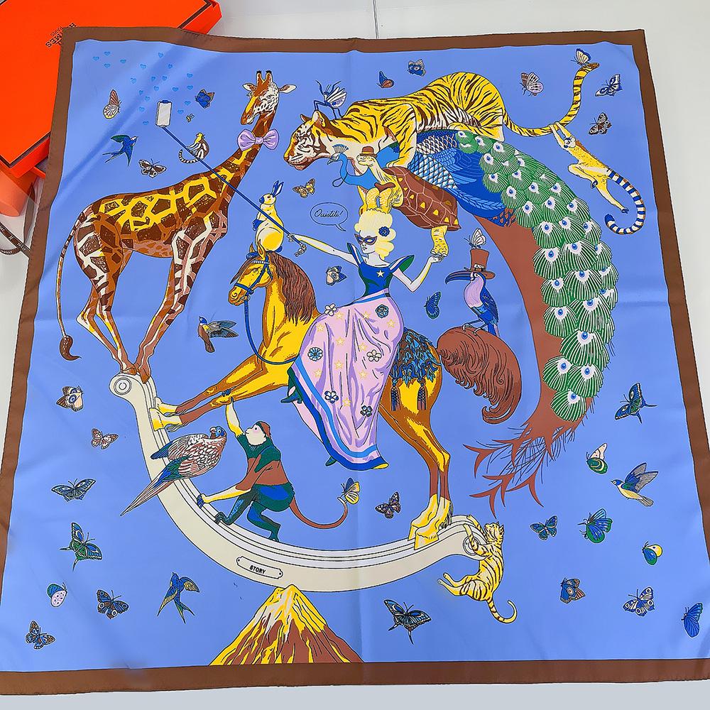 Manual Hand Rolled Twill Silk Scarf Women Animals Print Square Scarves Wraps Echarpes Curled Foulards Femme Bandana Hijab 90CM