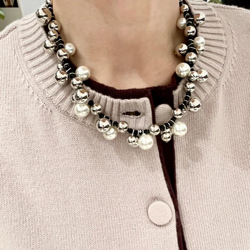 Autumn/Winter 2025 Silver Pearl Patchwork Necklace - Beaded Clavicle Chain Accessory