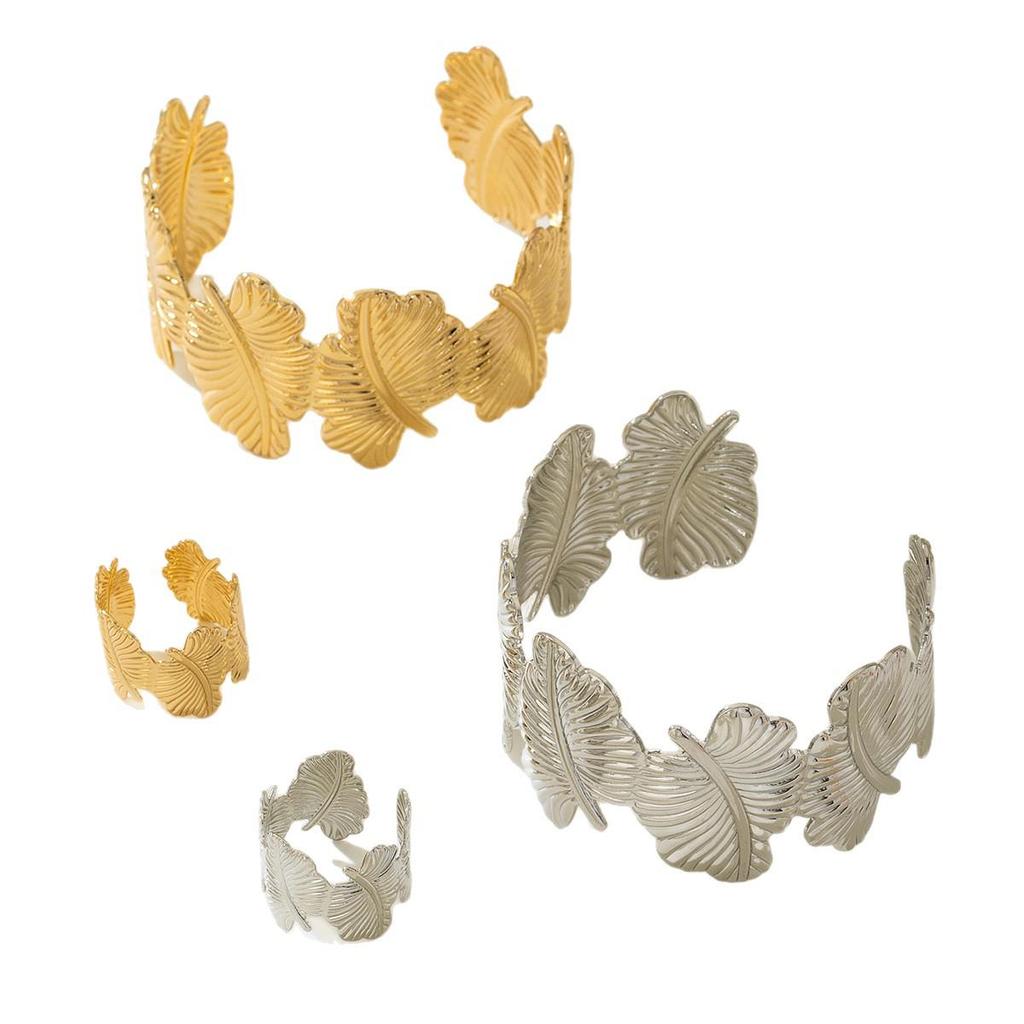 Retro Leaf Design Bracelet & Ring Set - Women’s Versatile High-End Accessory