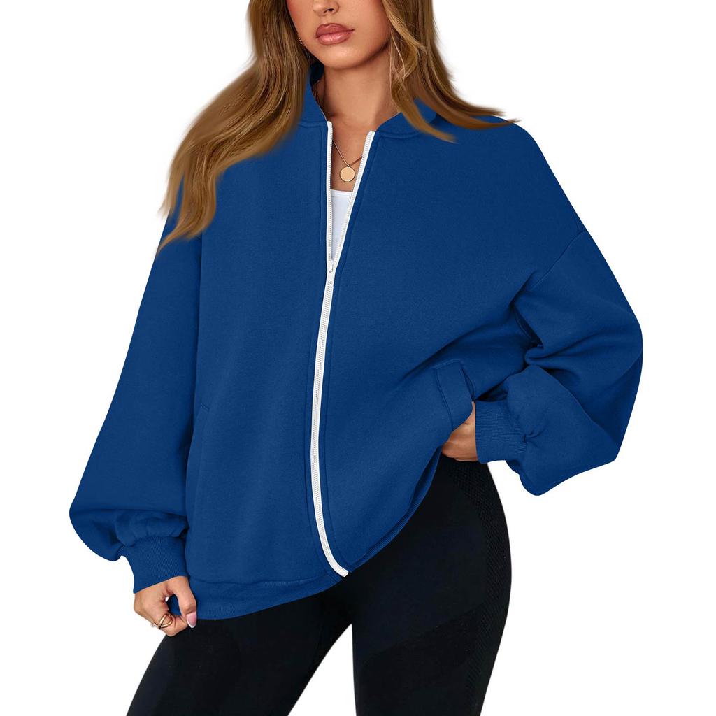 Women's Fashion Long Sleeve Color V-Neck Loose Oversize Zipper Jacket