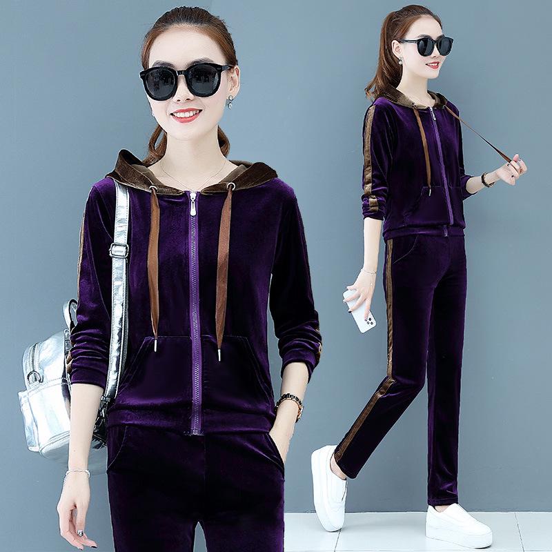 Женский повседневный спортивный костюм из золотого бархата - Мода весна/осень 2020, двойка 3XL фиолетовый