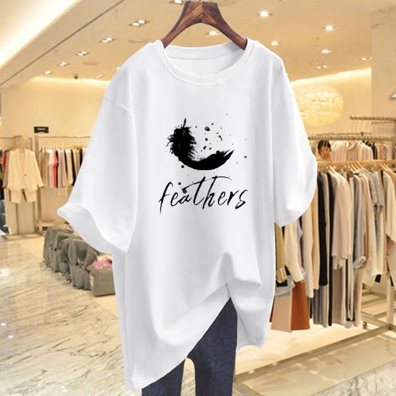 

Толстый мм одежда больших размеров для женщин 2025 новый модный топ из чистого хлопка средней длины свободного кроя, закрывающий бедра и живот, футболка с коротким рукавом S