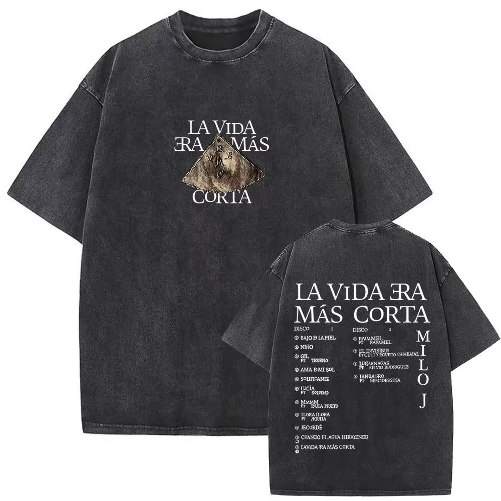 2026 Gewaschenes Vintage Rapper Milo J La Vida Era Mas Corta T-Shirt Hip Hop Mode T-Shirts Herren Damen Lässige Streetwear Top
