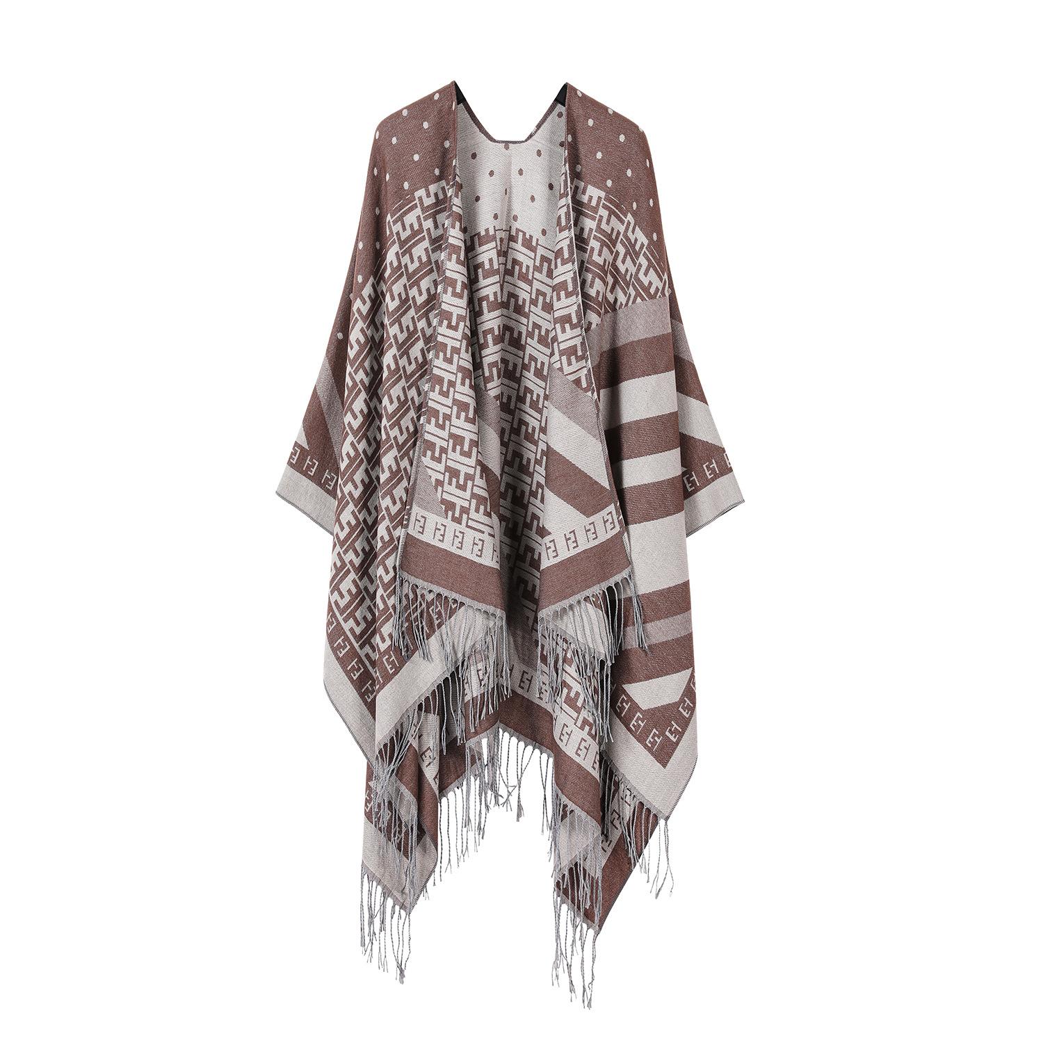 

Туристическая шаль женская внешняя с геометрическим узором, кондиционер, комнатный плащ, универсальный, удобный, двухсторонний, с бахромой коричневый