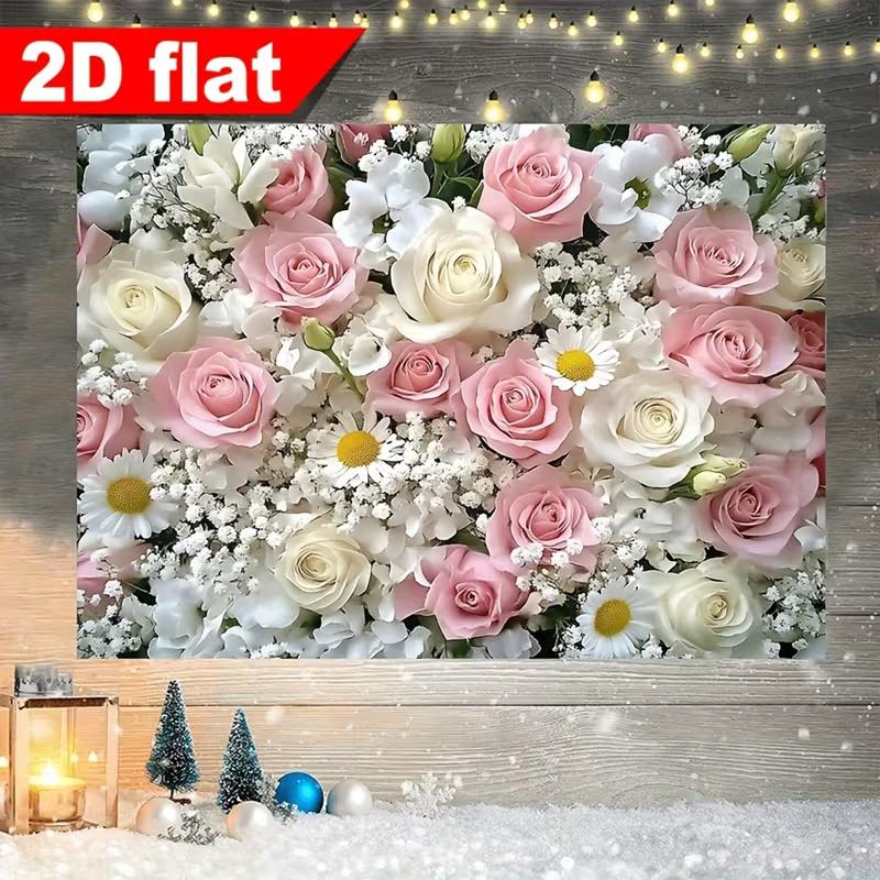 2D Pink & White Rose Flower Tapestry, Floral Wall Backdrop