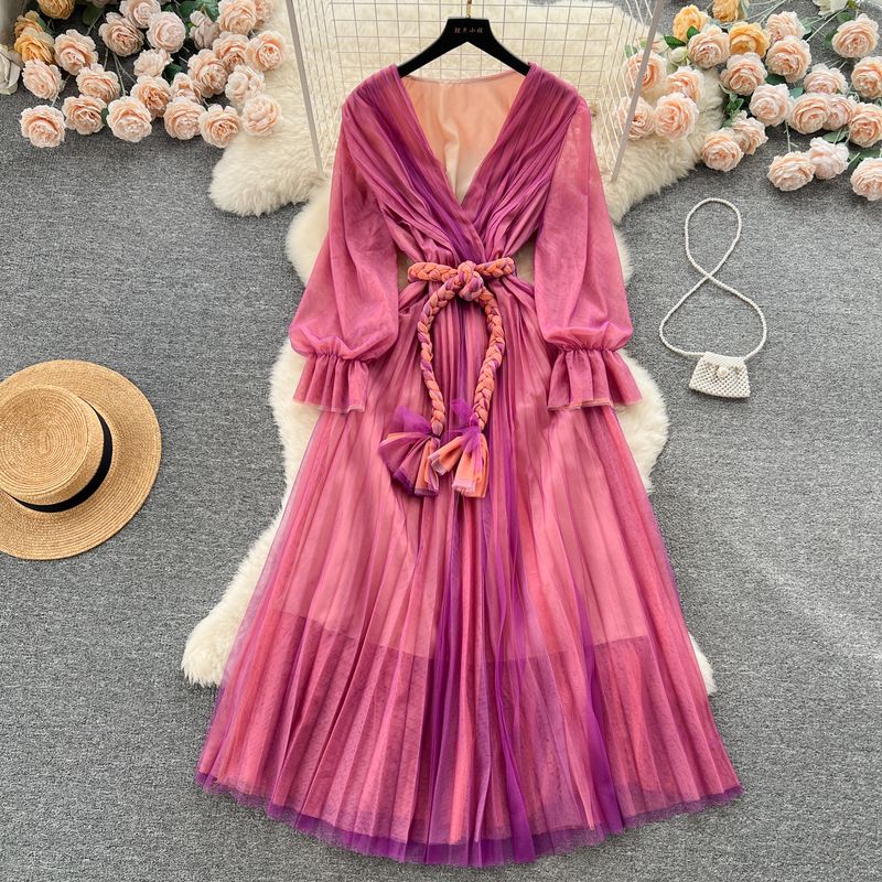 Vacation Style Summer Mesh Pleated Long Sleeves Dress