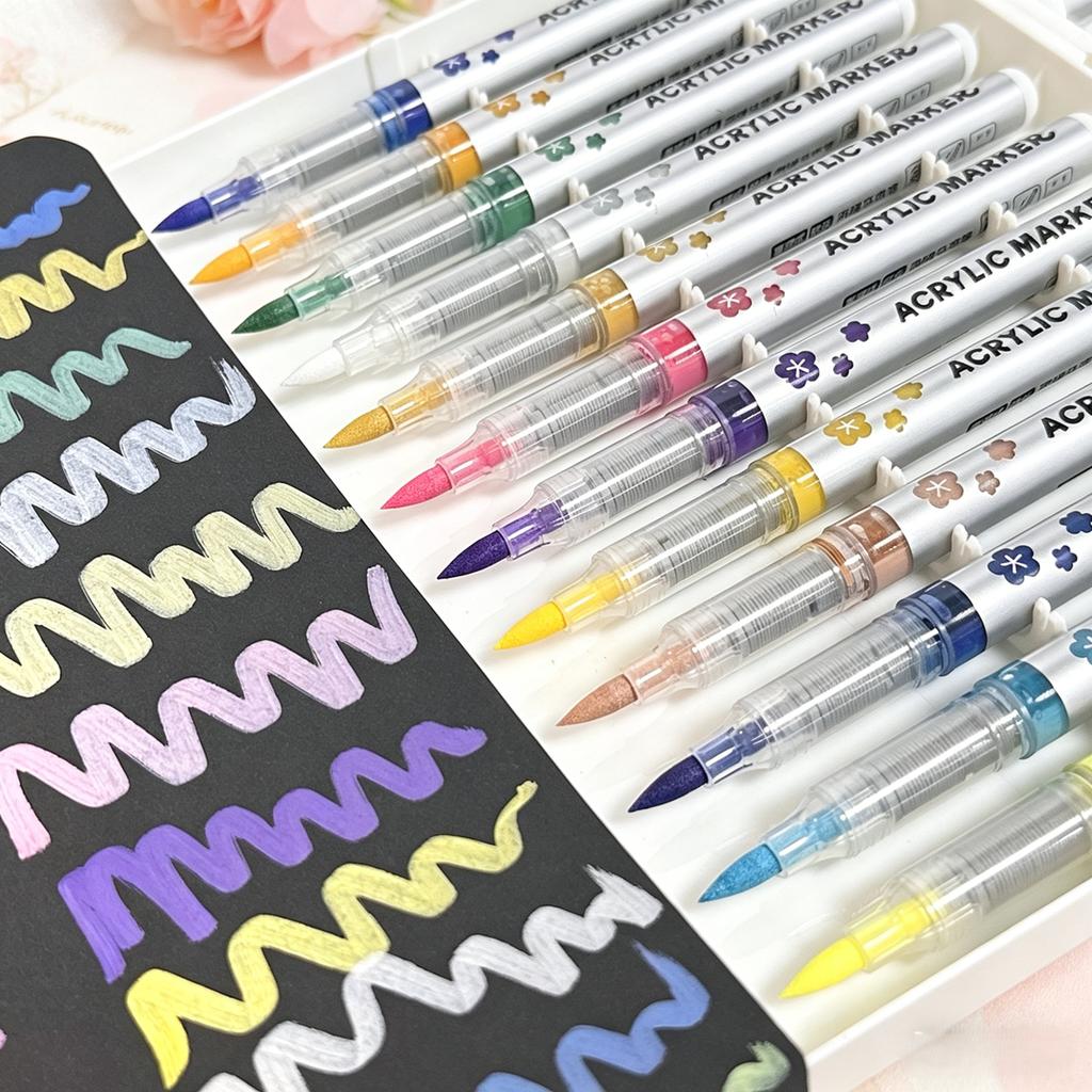 12/18/36 Colors Straight Liquid Acrylic Paint Marker Pens with Soft Brush Tip - Non-bleeding, Layerable, for Fabric, Canvas
