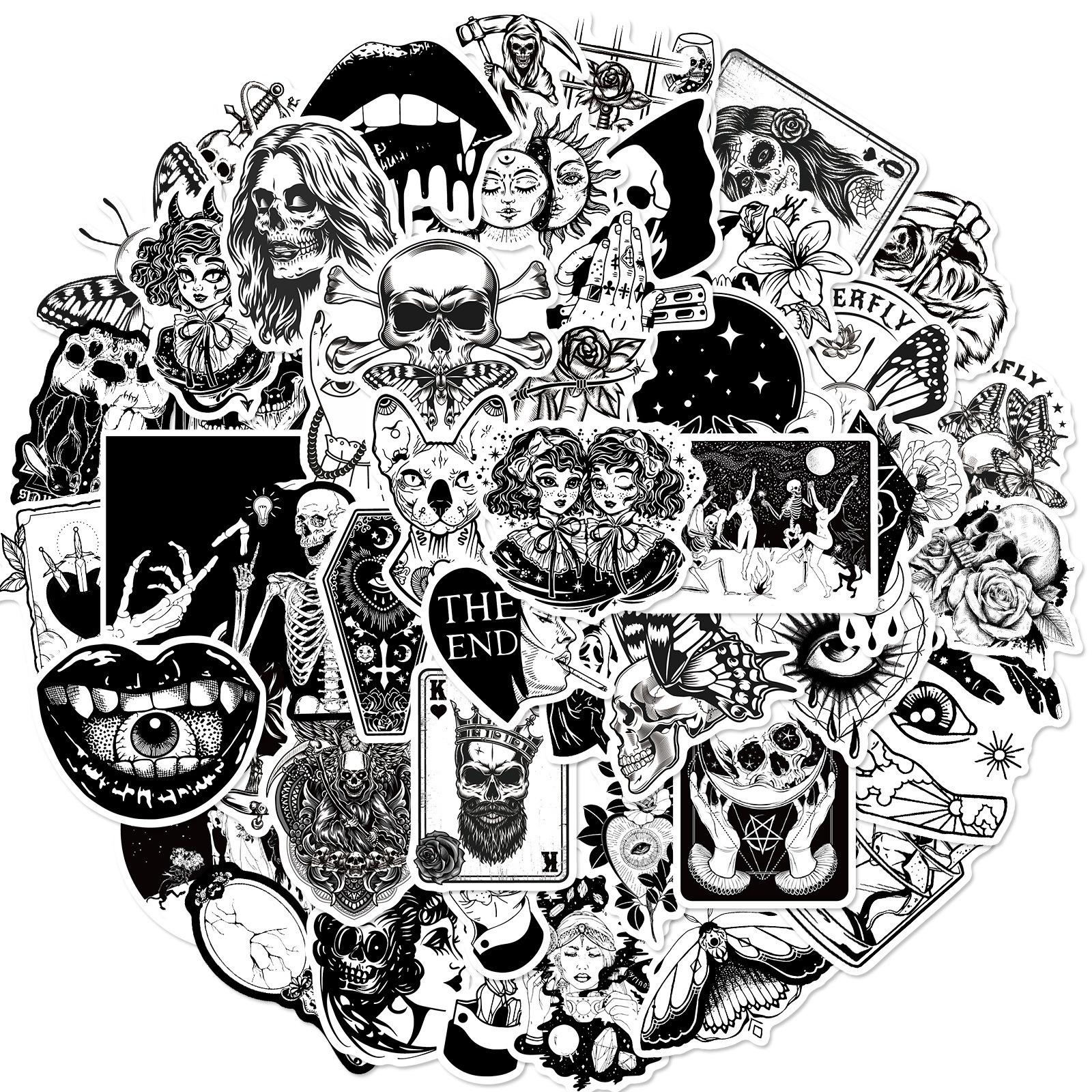 

50 Gothic Horror Series Decals Black And White Gothic Witch Magic Decals Luggage Mobile Water-Repellent Stickers