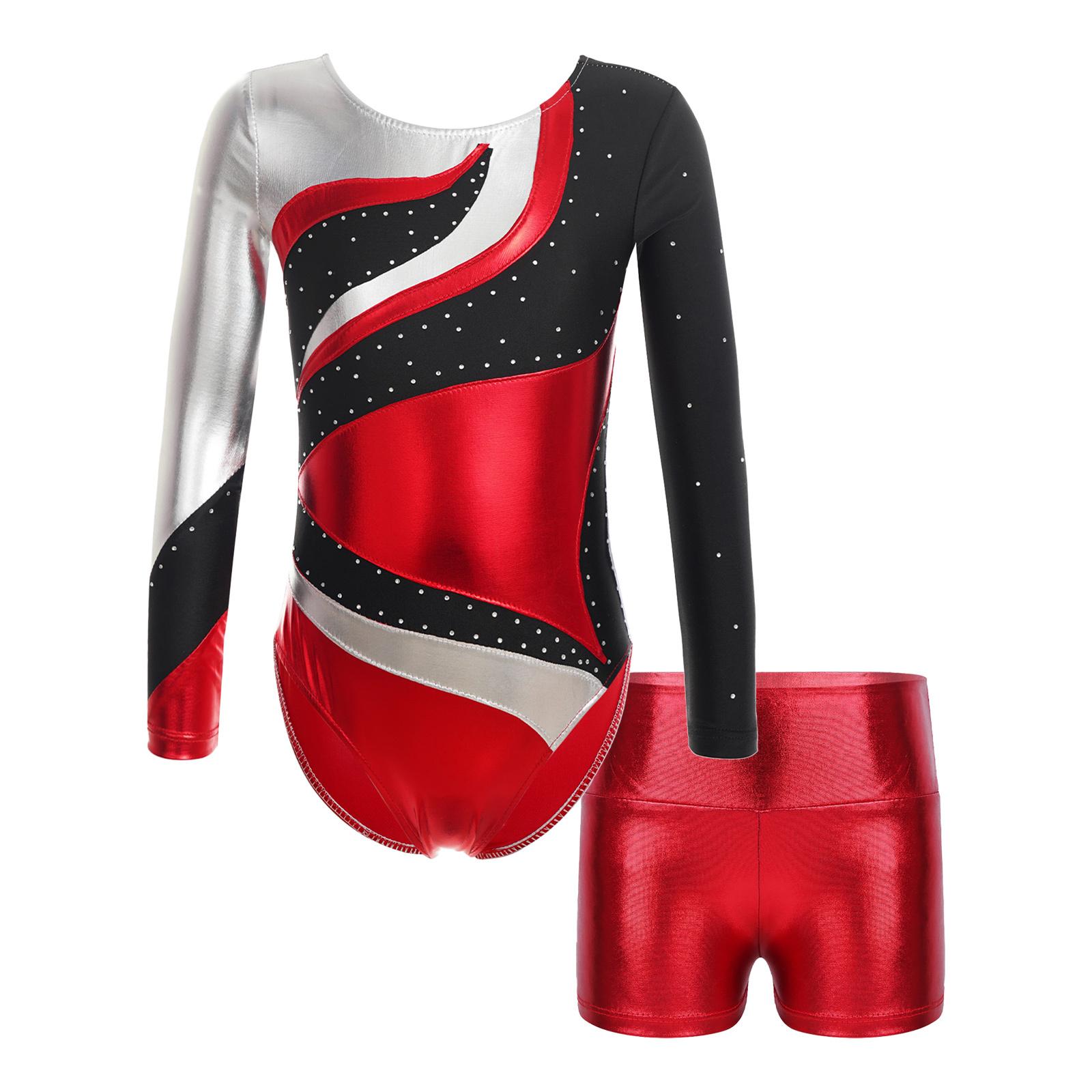 

Girls Contrast Color Leotard Long Sleeve Round Neck Shiny Rhinestones Paired with High Waist Shorts Dance Wear 5-6 Years червоний