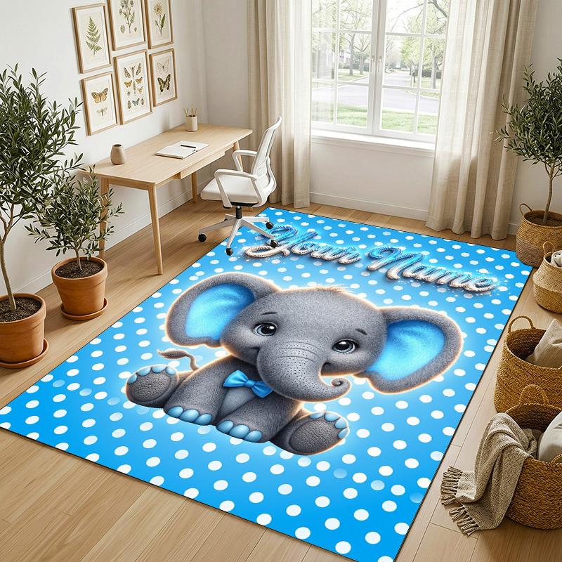 Elephant Theme Crystal Velvet Rug Personalized Custom Name Text Soft Floor Mat Home Decor