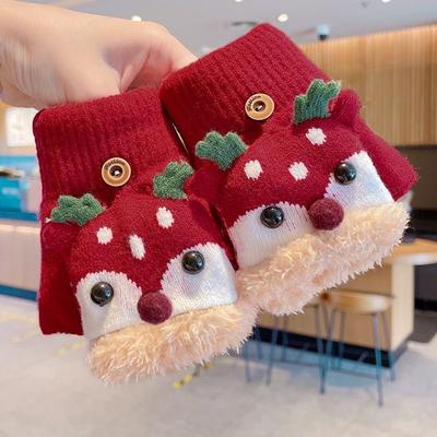Winter Warm Mittens Cartoon Design Clamshell Half Finger Gloves Kids Fingerless Gloves Children Christmas Gloves Plush Gloves