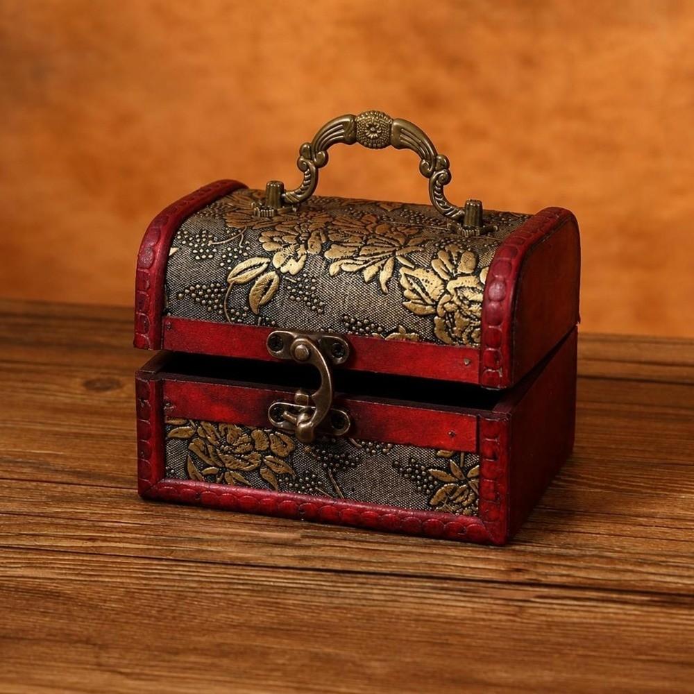 Portable Handle Wooden Jewelry Box Classical Keepsake Case Treasure Chest Box  Cosmetics Sorting