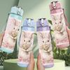 1PC Bunny Holding Pink Flower Print 750ml Color Plastic Sports Water Bottle Leakproof Flip Straw Lid Suitable for Sports Office Home Use