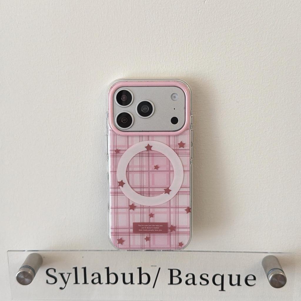 Korean-Style Pink Plaid Star Phone Case for iPhone 16/15/14/17 Pro Max 