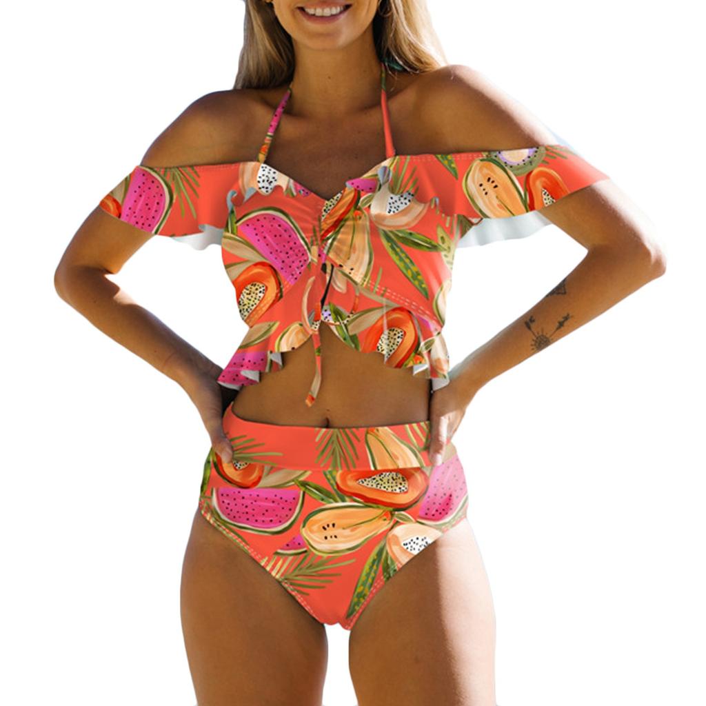 Dames volangkant hengende hals sexy splitt høy midje bikini badedrakt