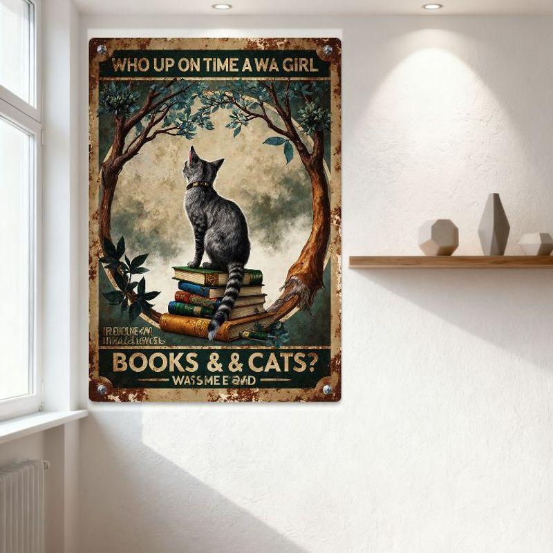 Vintage Whimsical Cat on Books Metal Sign - Gray Tabby Cat Tree Arch Retro Tin Sign for Home Cafe Bar Wall Decor, 'Who Up On Tim