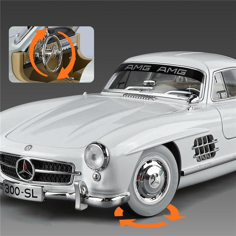 1/18 Benz 300SL Vintage Alloy Luxy Sports Car Model Diecast Metal Classic Retro Vehicles Car Model Sound and Light Childrens Toy Gift