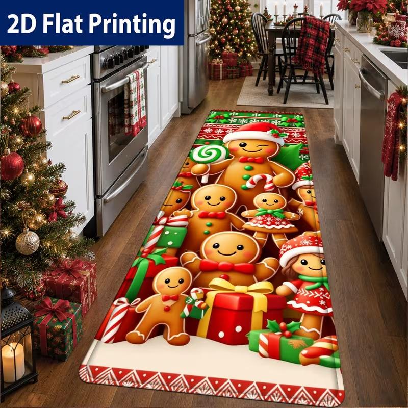 Christmas Gingerbread Man Runner Rug Soft Floor Mat Holly Candy Cane Print Carpet Xmas Decor for Bedroom Hallway Entryway