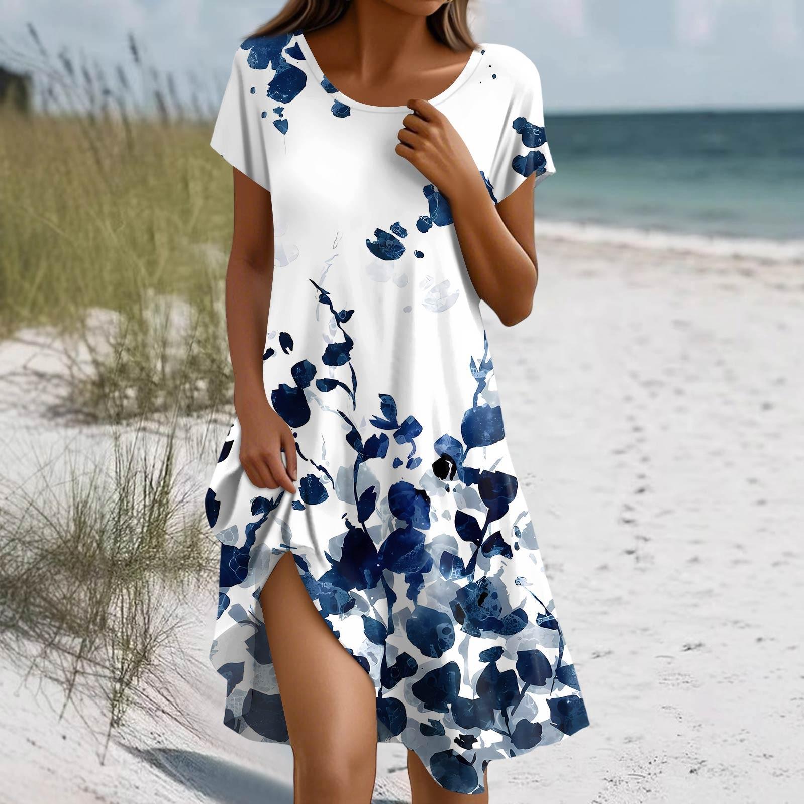 

Платье в стиле бохо с коротким рукавом для женщин, повседневное, свободного кроя, летнее, сарафан с цветочным принтом и карманами S синий