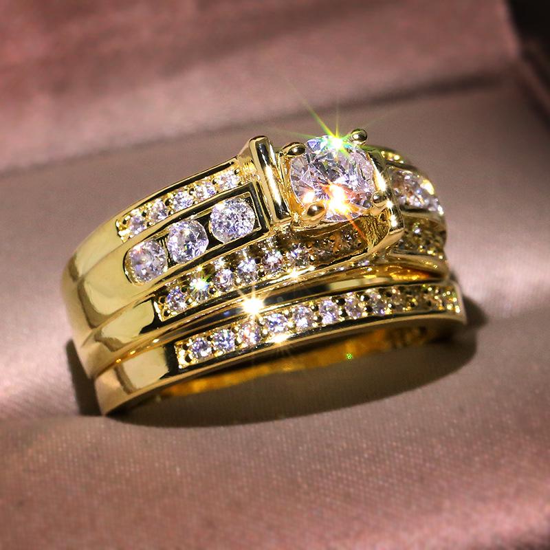 18k Gold Full Diamond Princess Square Diamond Ring, European and American Luxury 2-piece Engagement Ring.
