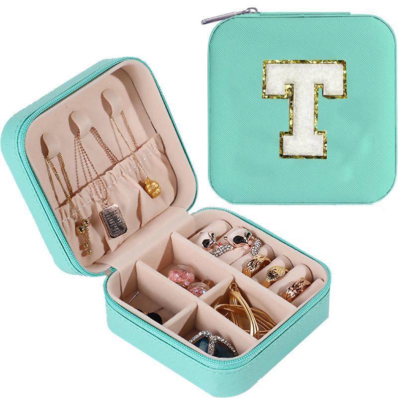 Large Capacity Jewelry Box for Stud Earrings and Rings - Portable Leather Storage with Letter Design