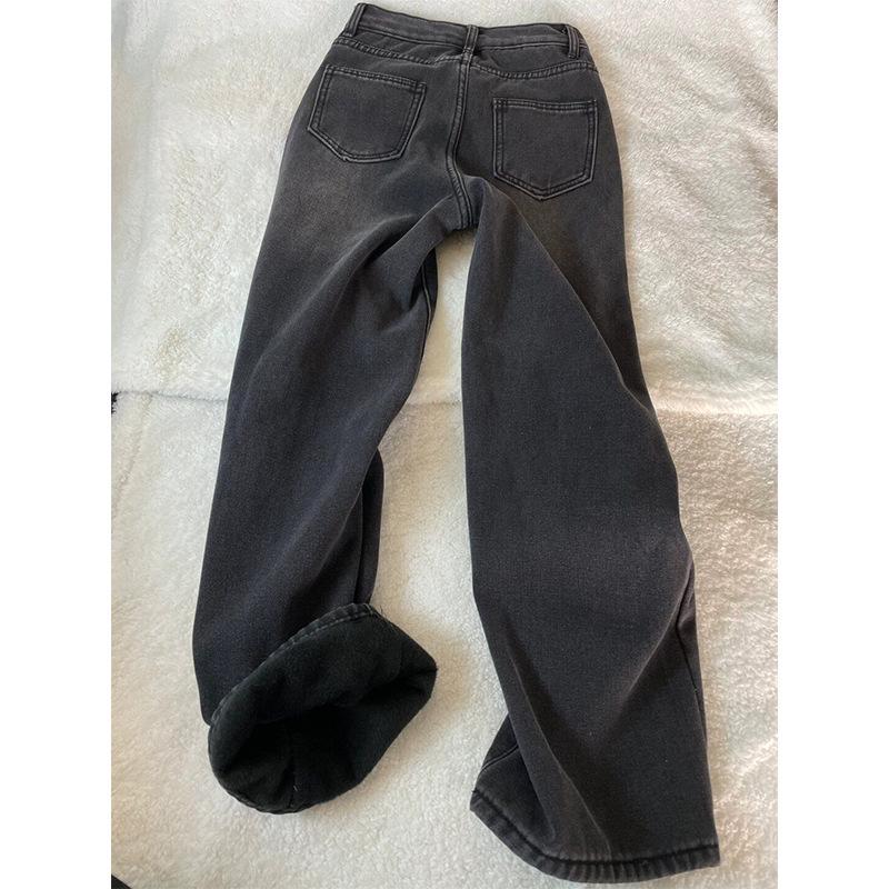 2025 Plus Size Women's Fleece-Lined Wide Leg Jeans: Autumn/Winter High Waist, Straight-Leg Slimming Pants for Pear-Shaped Figures